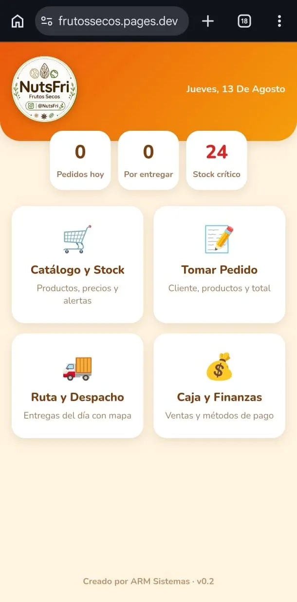 Inicio del sistema de Frutos Secos con pedidos del día, entregas pendientes y stock crítico