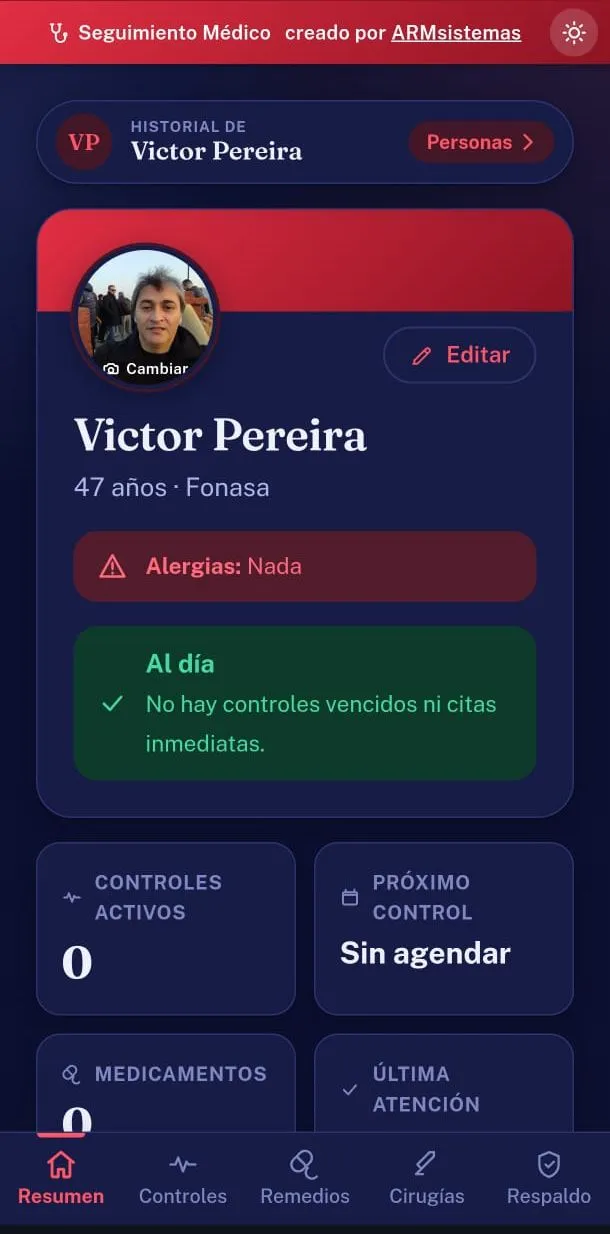 Resumen de ARM Doctor con controles activos, próximo control y medicamentos