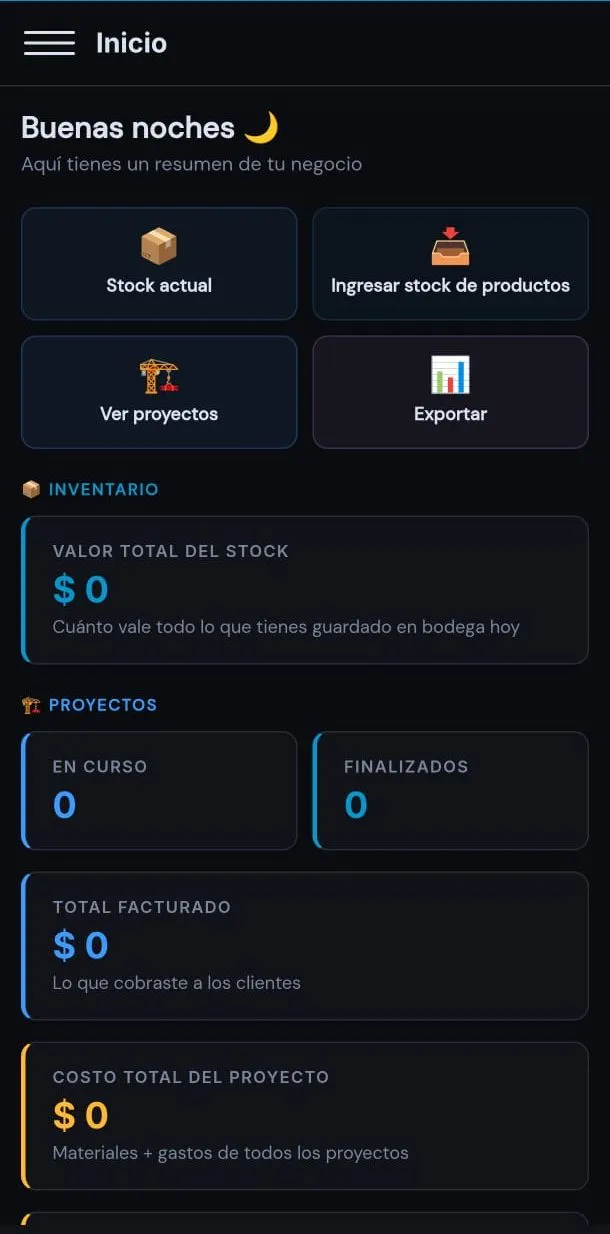 Dashboard de ARM Inventario con valor total del stock, proyectos en curso, total facturado y ganancia estimada
