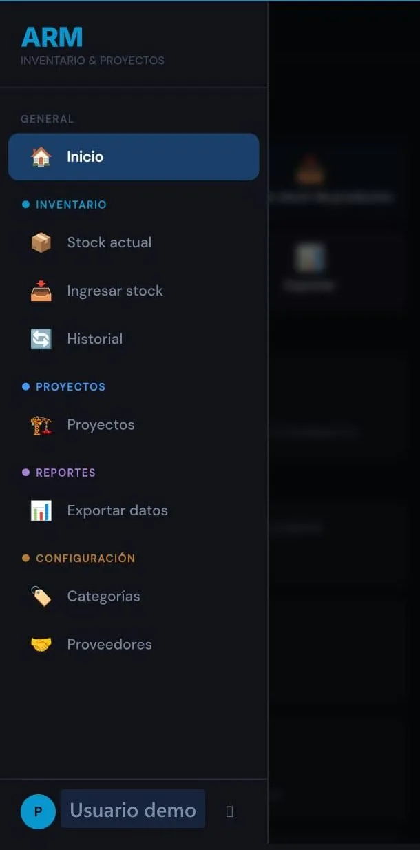 Menú de ARM Inventario en celular con stock actual, ingresar stock, historial y proyectos